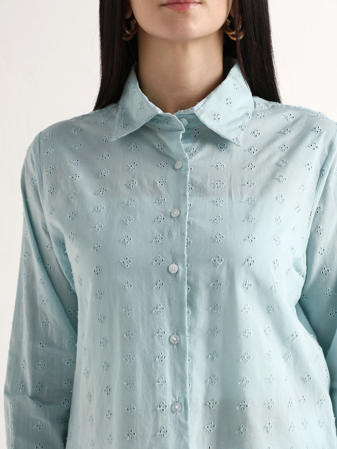 Hancock   Women   Sky Blue   Solids   Pure Cotton   Relaxed Fit   Casual   Shirt