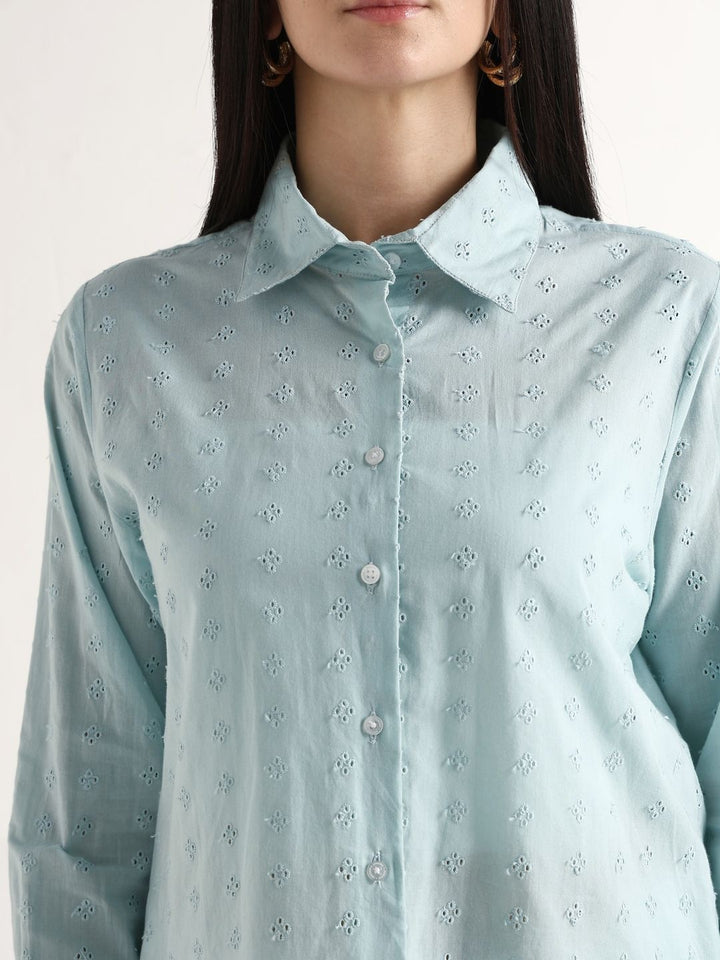 Hancock   Women   Sky Blue   Solids   Pure Cotton   Relaxed Fit   Casual   Shirt