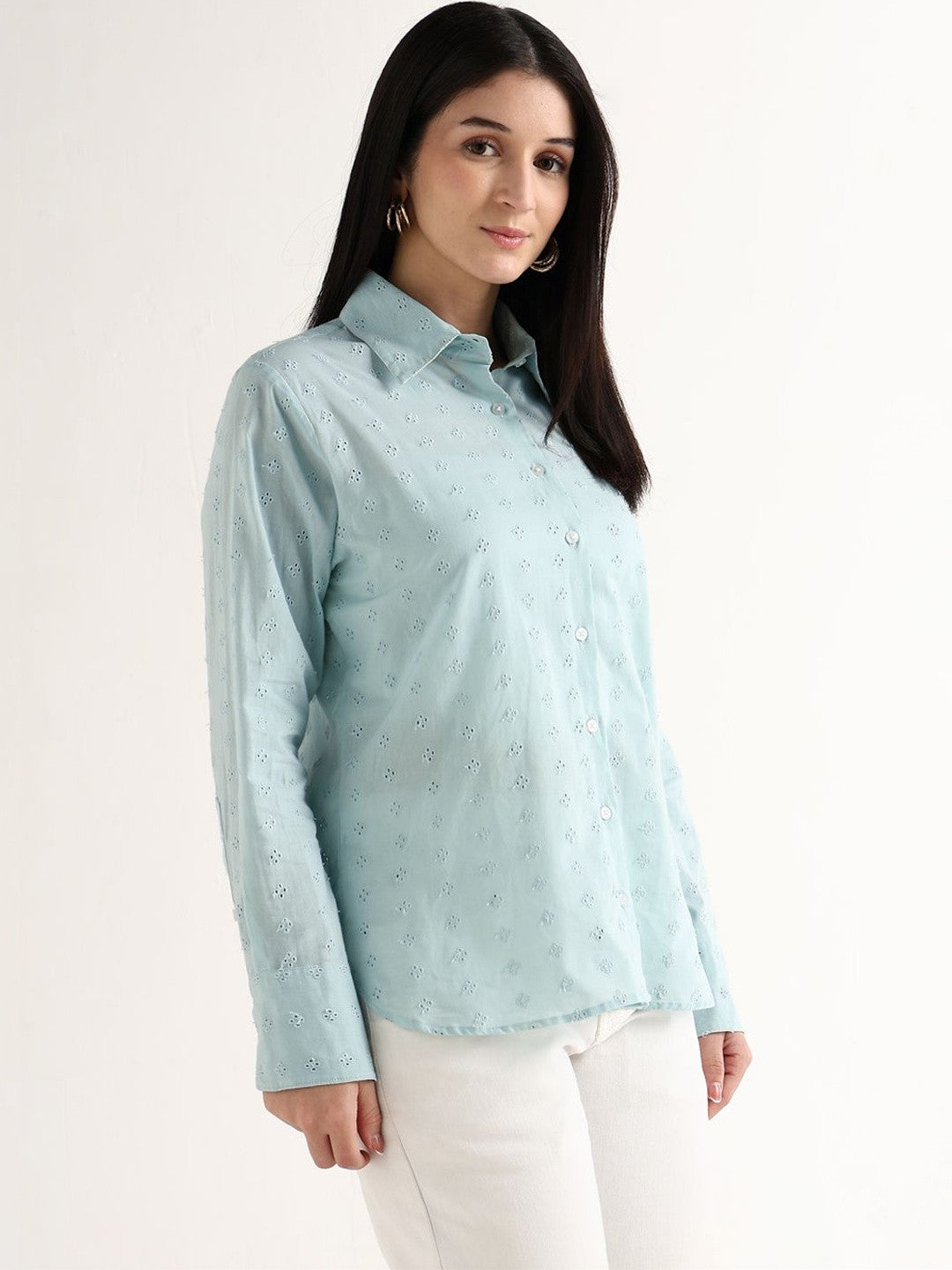 Hancock   Women   Sky Blue   Solids   Pure Cotton   Relaxed Fit   Casual   Shirt