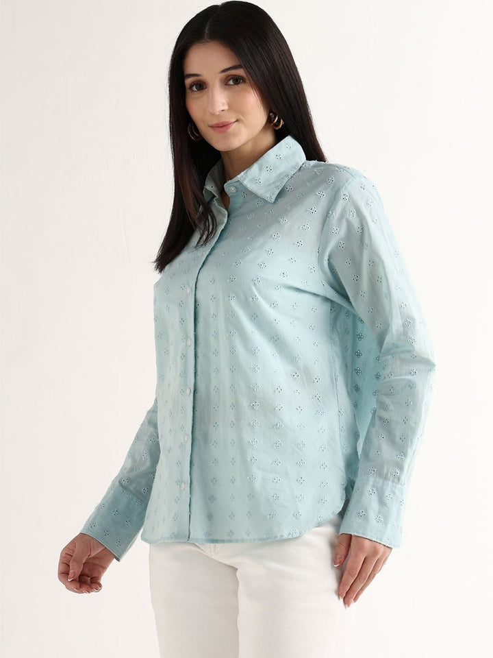 Hancock   Women   Sky Blue   Solids   Pure Cotton   Relaxed Fit   Casual   Shirt