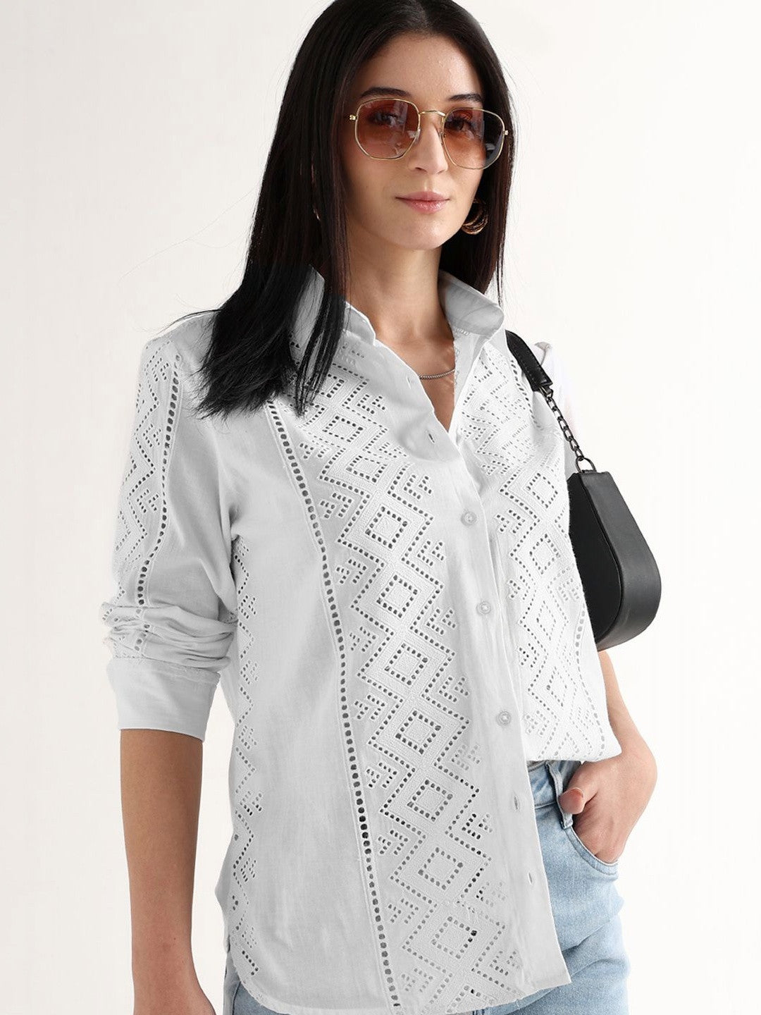 Hancock   Women   White   Solids   Pure Cotton   Relaxed Fit   Casual   Shirt