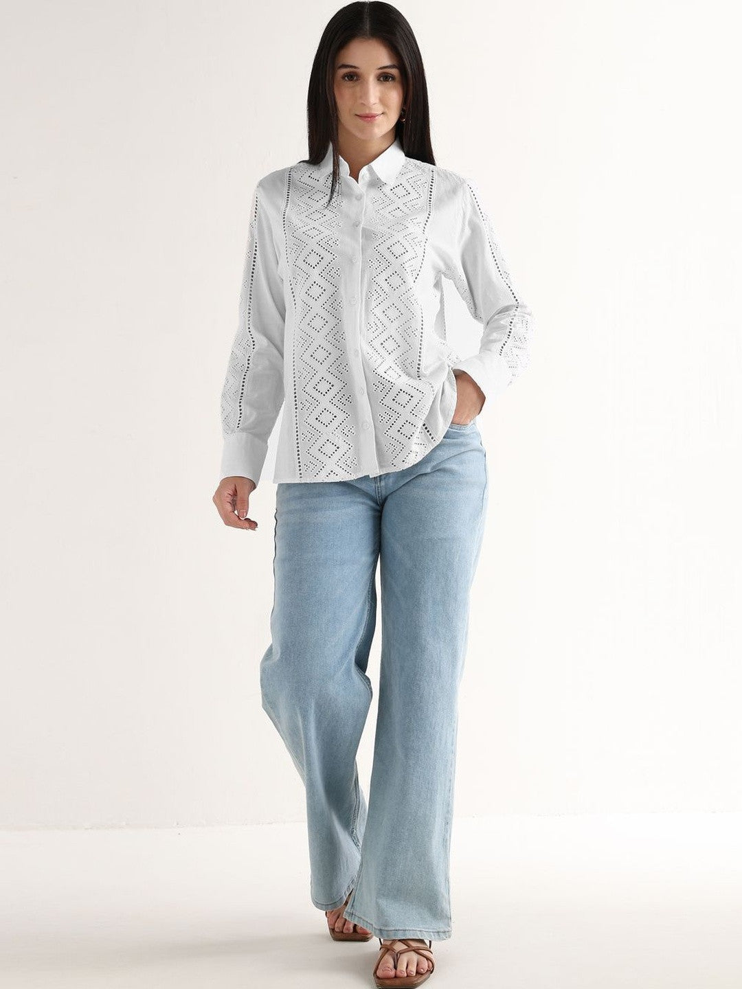 Hancock   Women   White   Solids   Pure Cotton   Relaxed Fit   Casual   Shirt