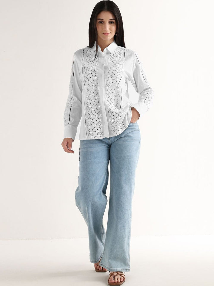 Hancock   Women   White   Solids   Pure Cotton   Relaxed Fit   Casual   Shirt