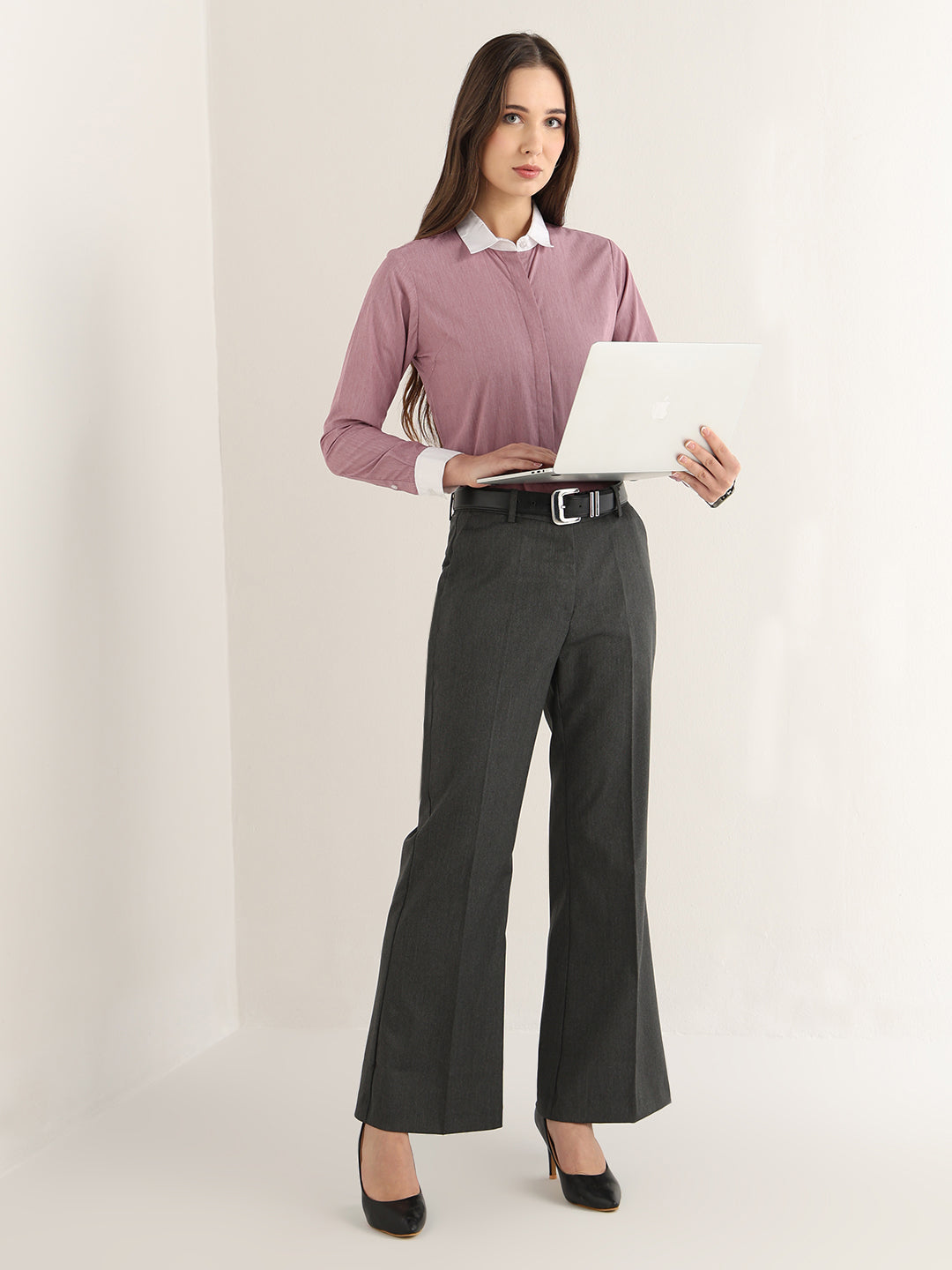 Hancock Women Red Solid Self Design Pure Cotton Regular Fit Formal Shirt