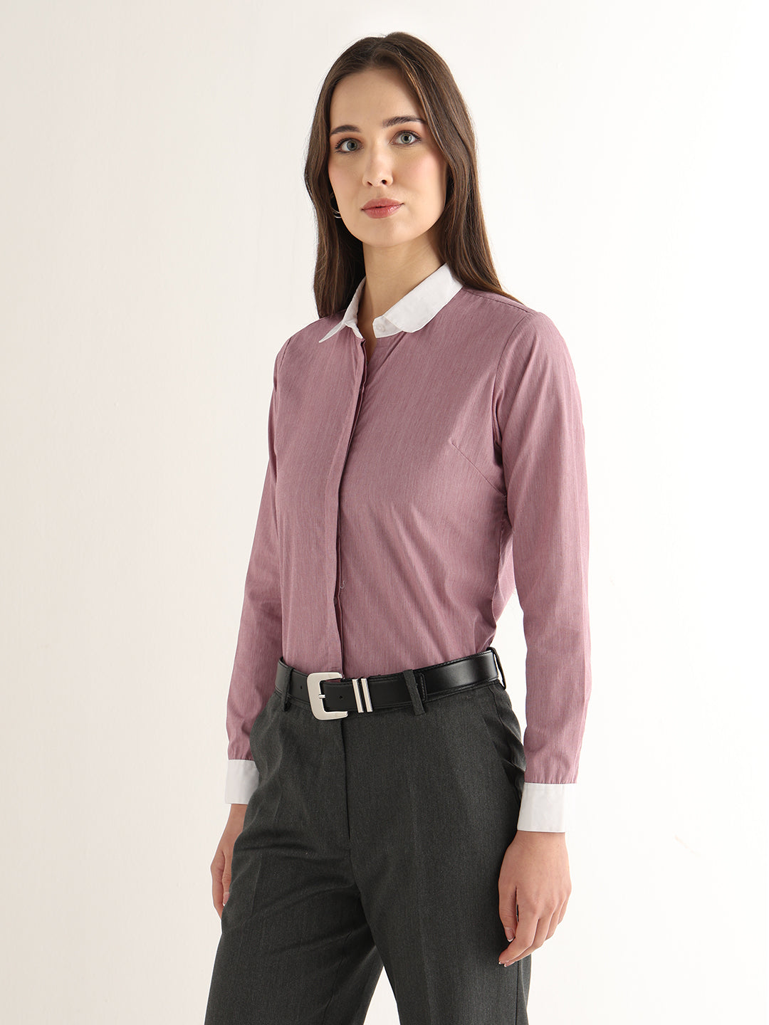 Hancock Women Red Solid Self Design Pure Cotton Regular Fit Formal Shirt