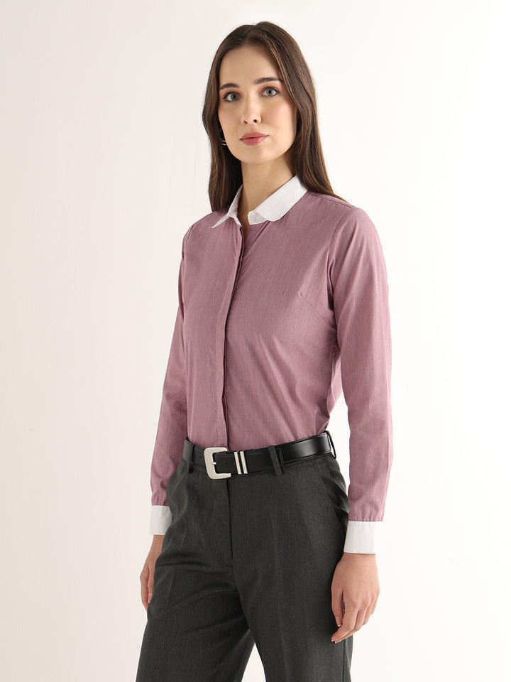 Hancock Women Red Solid Self Design Pure Cotton Regular Fit Formal Shirt