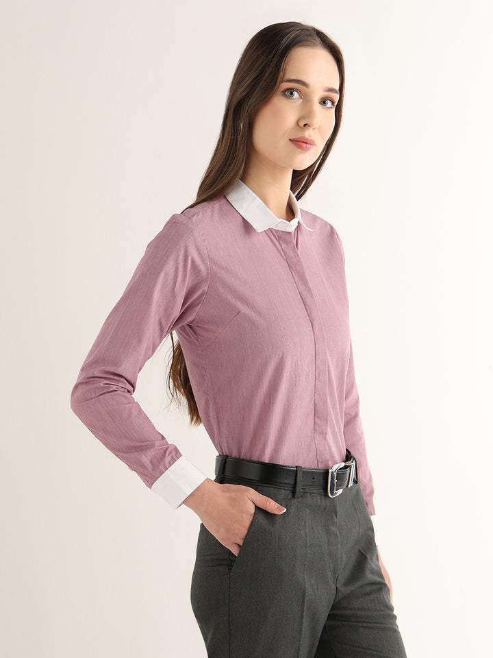 Hancock Women Red Solid Self Design Pure Cotton Regular Fit Formal Shirt