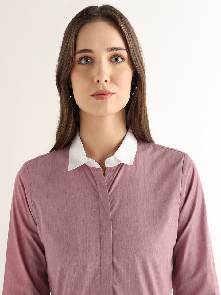 Hancock Women Red Solid Self Design Pure Cotton Regular Fit Formal Shirt