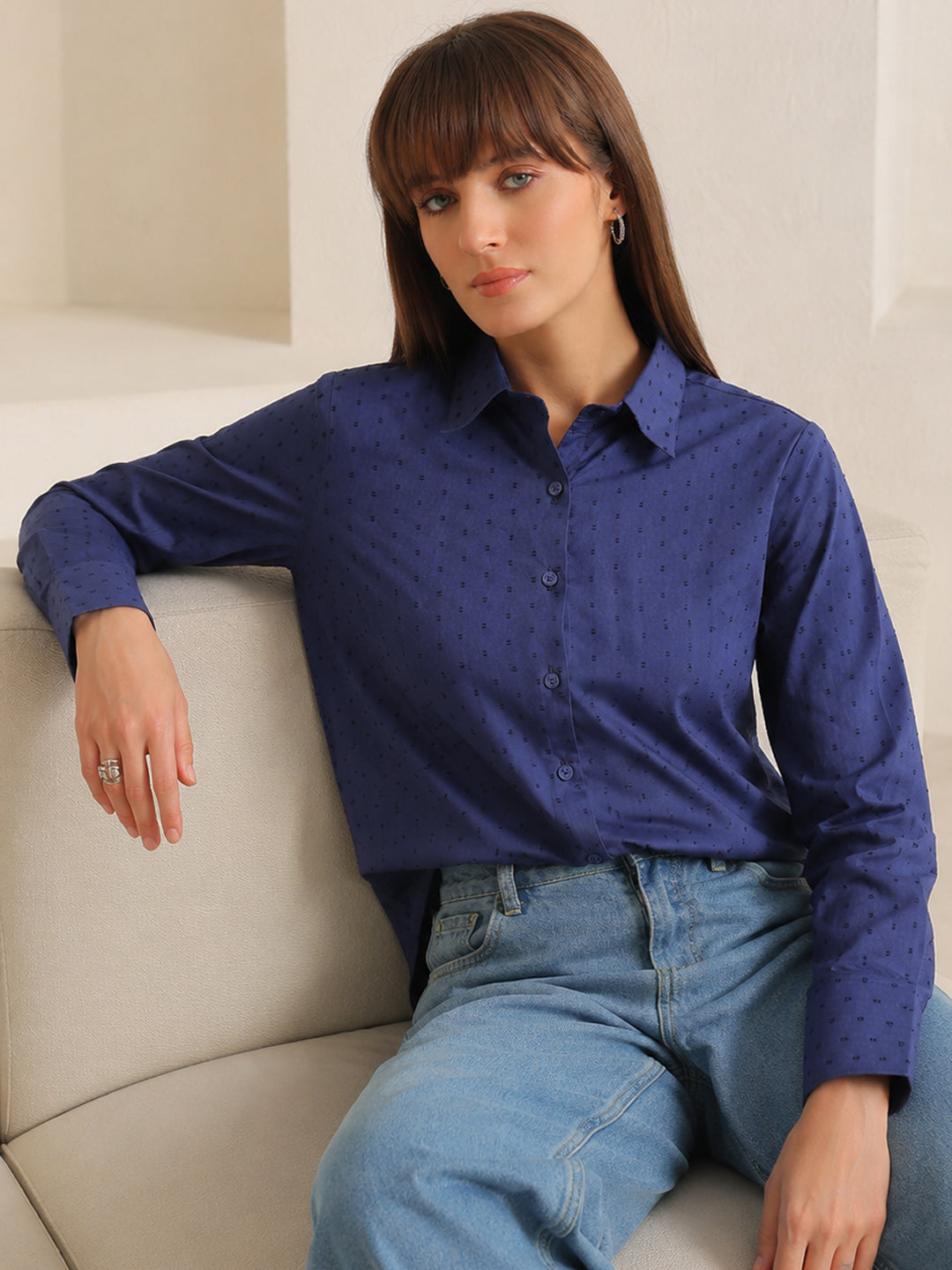 Hancock   Women   Royal Blue   Solid Self Design   Pure Cotton   Relaxed Fit   Casual   Shirt