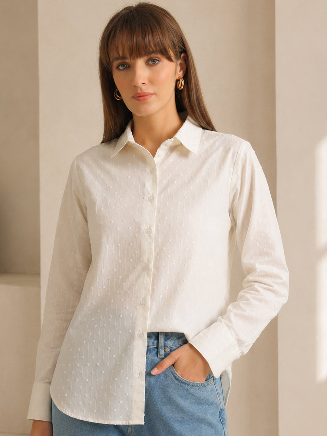 Hancock   Women   White   Solid Self Design   Pure Cotton   Relaxed Fit   Casual   Shirt