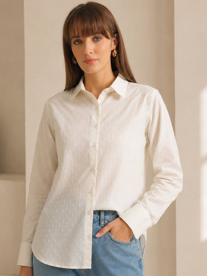 Hancock   Women   White   Solid Self Design   Pure Cotton   Relaxed Fit   Casual   Shirt