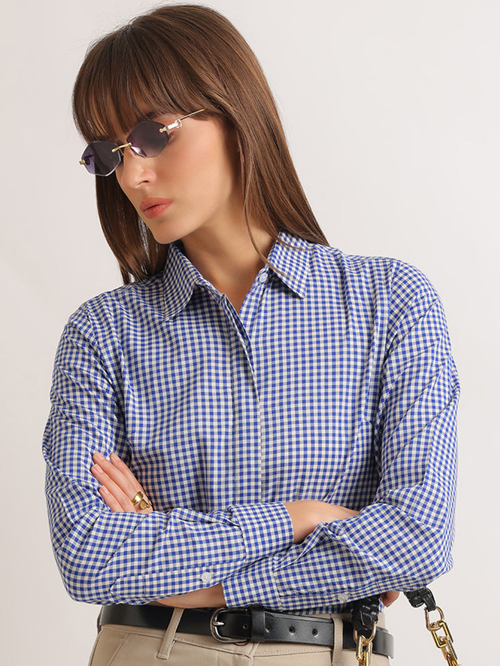 Hancock   Women   White & Blue   Checks   Pure Cotton   Regular Fit   Formal   Shirt