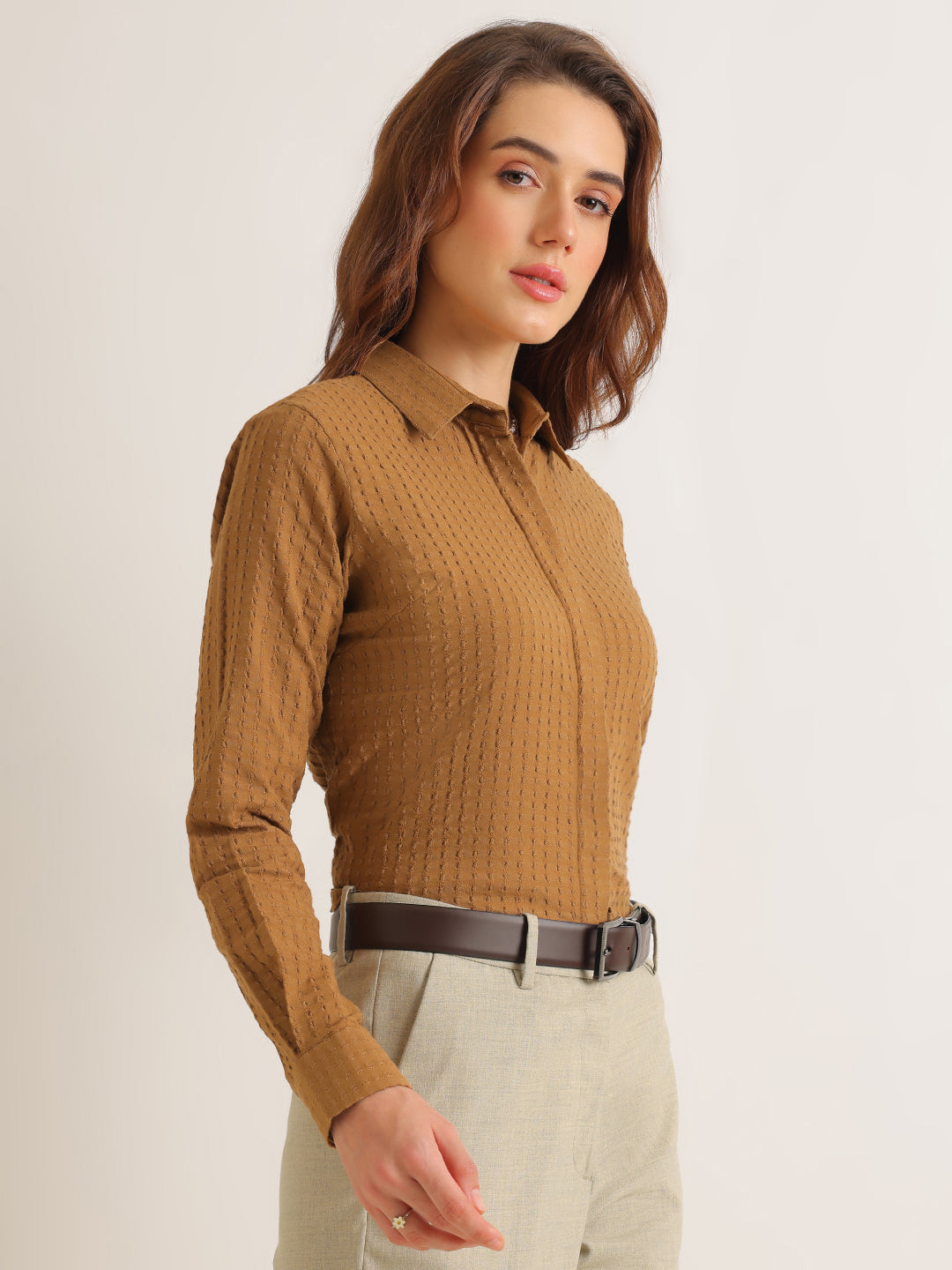 Hancock   Women   Camel Brown   Solid Self Design   Pure Cotton   Regular Fit   Formal   Shirt