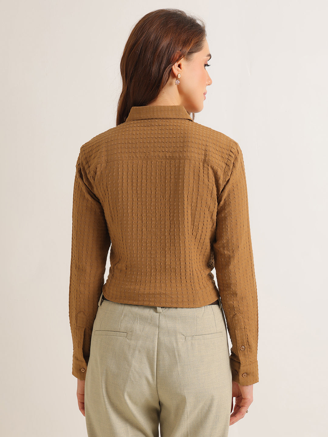 Hancock   Women   Camel Brown   Solid Self Design   Pure Cotton   Regular Fit   Formal   Shirt