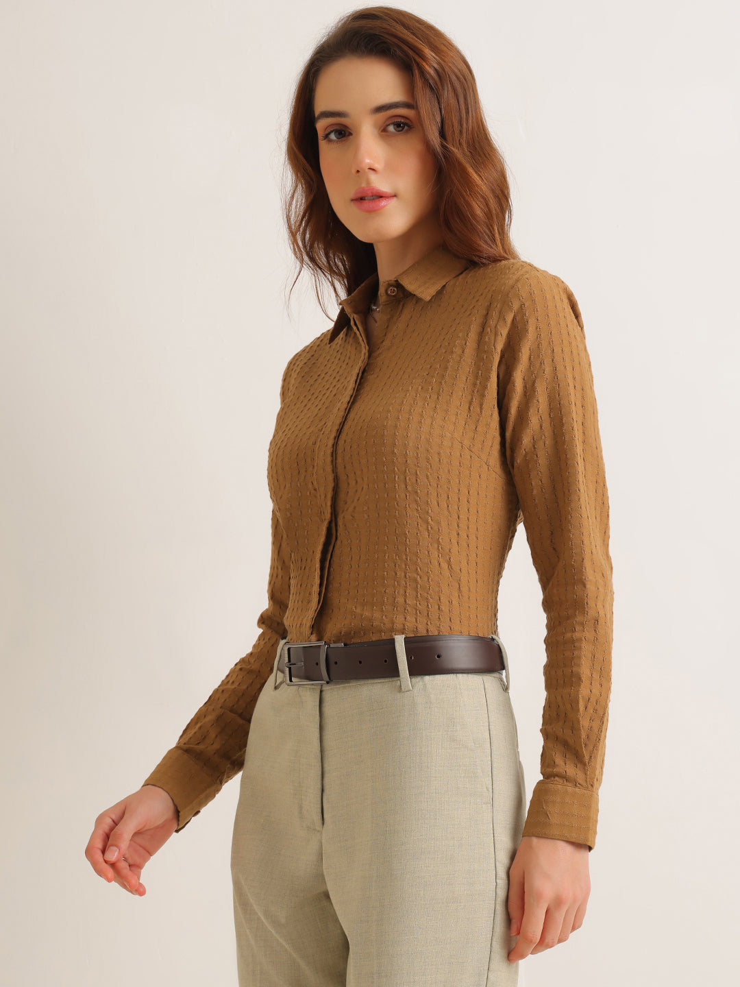 Hancock   Women   Camel Brown   Solid Self Design   Pure Cotton   Regular Fit   Formal   Shirt