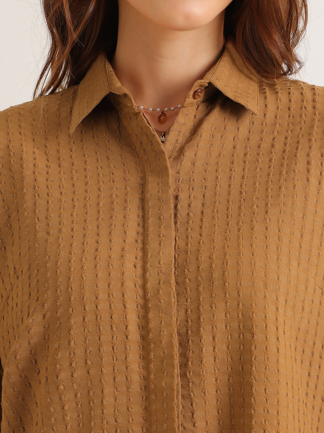 Hancock   Women   Camel Brown   Solid Self Design   Pure Cotton   Regular Fit   Formal   Shirt