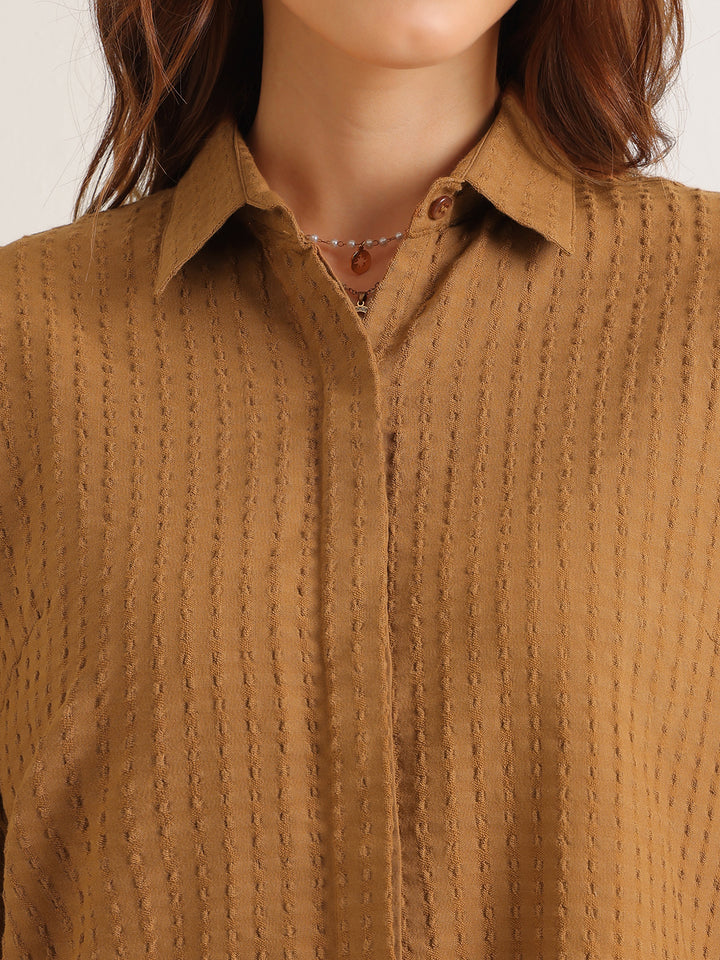 Hancock   Women   Camel Brown   Solid Self Design   Pure Cotton   Regular Fit   Formal   Shirt