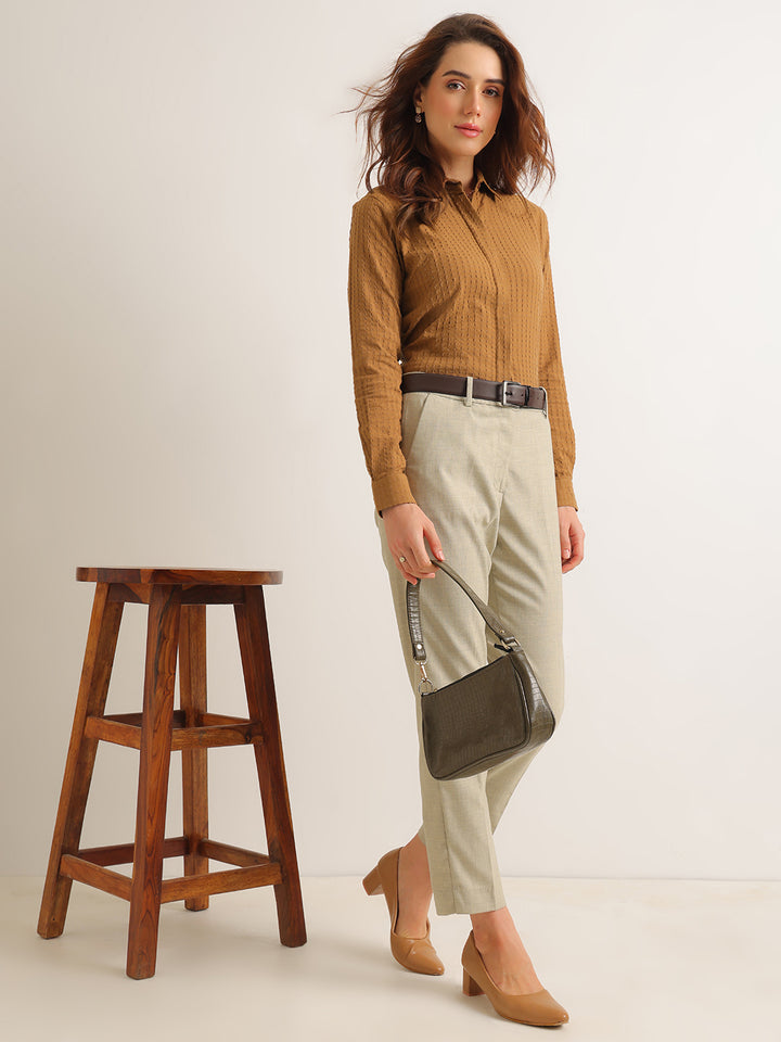Hancock   Women   Camel Brown   Solid Self Design   Pure Cotton   Regular Fit   Formal   Shirt