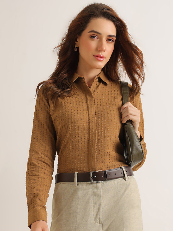 Hancock   Women   Camel Brown   Solid Self Design   Pure Cotton   Regular Fit   Formal   Shirt