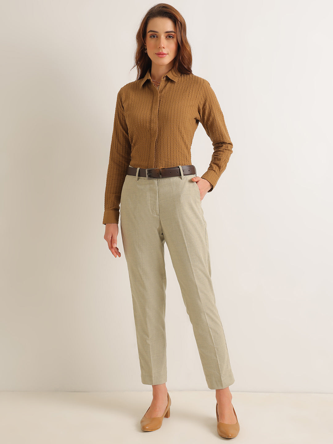 Hancock   Women   Camel Brown   Solid Self Design   Pure Cotton   Regular Fit   Formal   Shirt