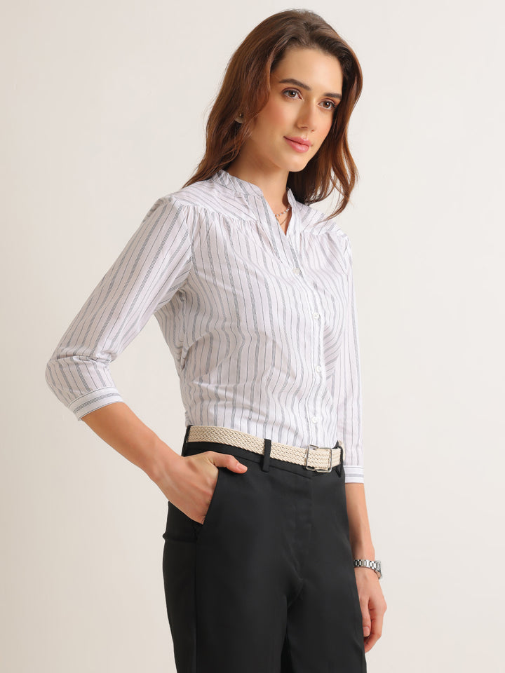 Hancock   Women   White   Stripes   Pure Cotton   Regular Fit   Formal   Shirt
