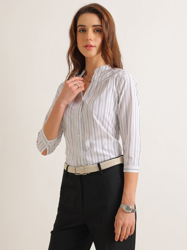 Hancock   Women   White   Stripes   Pure Cotton   Regular Fit   Formal   Shirt