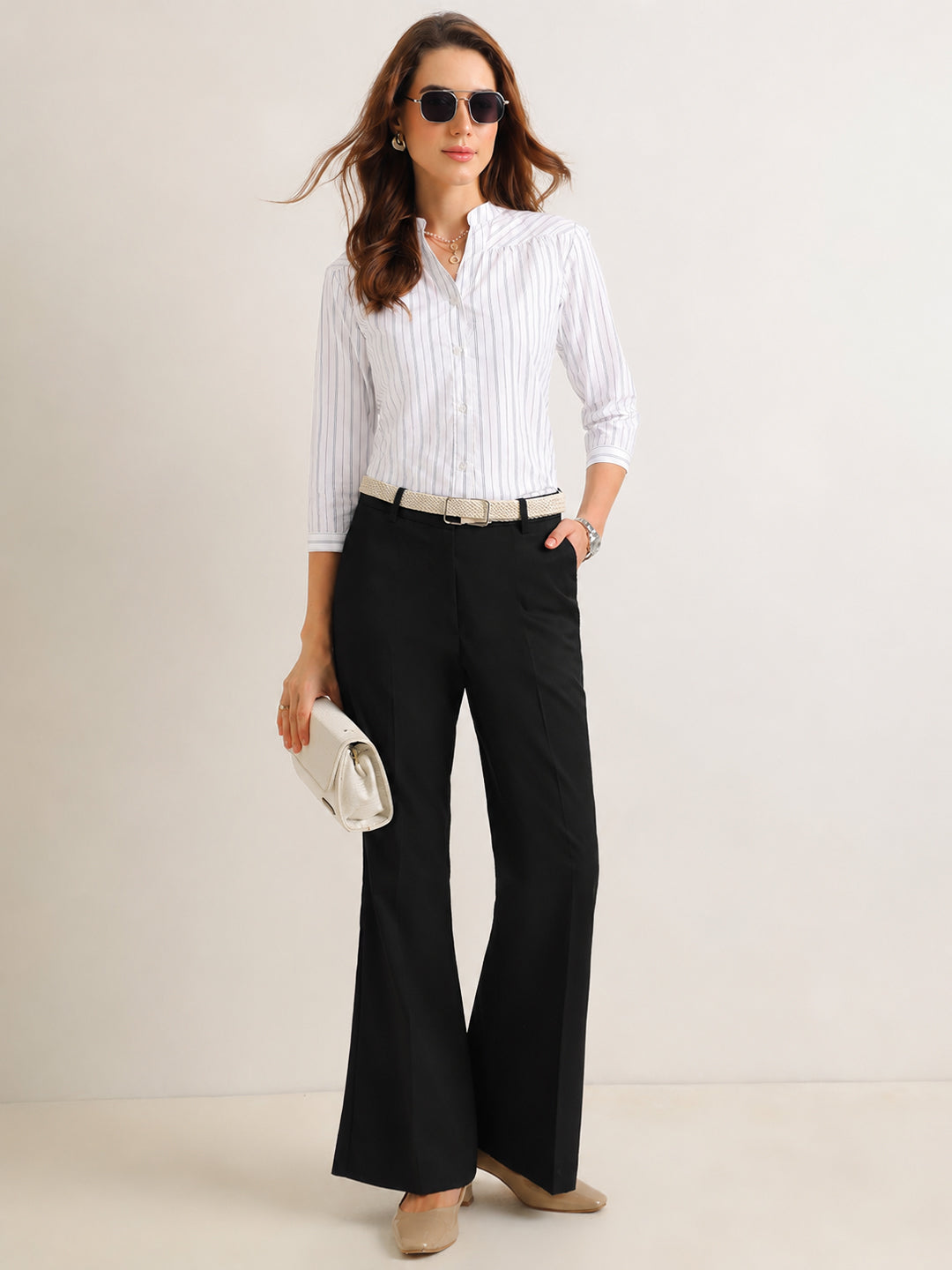 Hancock   Women   White   Stripes   Pure Cotton   Regular Fit   Formal   Shirt