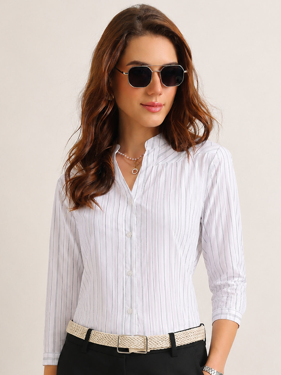 Hancock   Women   White   Stripes   Pure Cotton   Regular Fit   Formal   Shirt