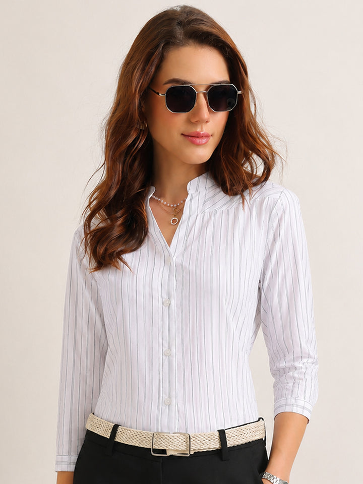 Hancock   Women   White   Stripes   Pure Cotton   Regular Fit   Formal   Shirt