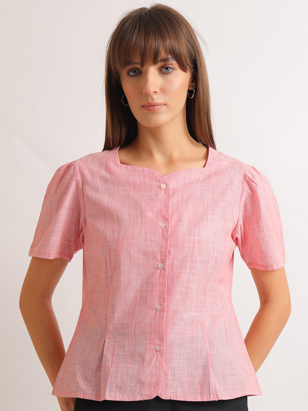 Hancock   Women   Coral   Stripes   Pure Cotton   Regular Fit   Formal   Top