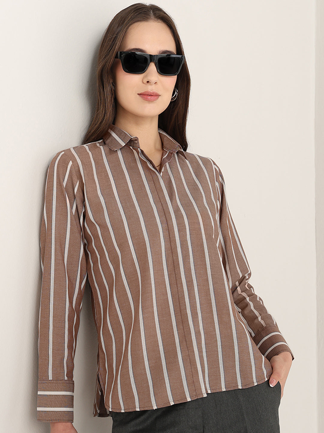 Hancock Women Brown Striped Pure Cotton Relaxed Fit Formal Shirt