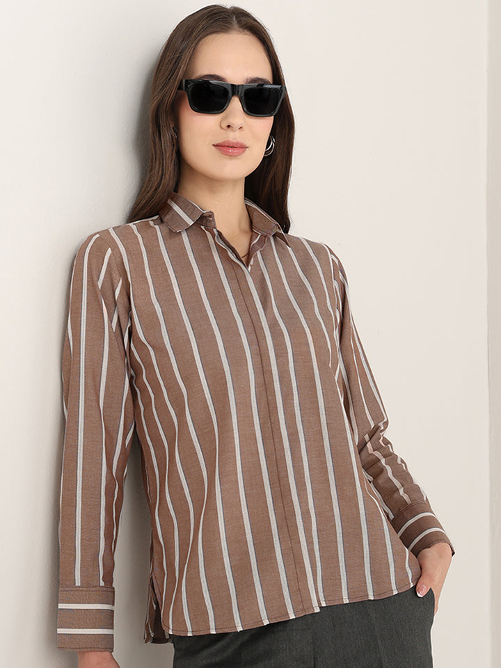 Hancock Women Brown Striped Pure Cotton Relaxed Fit Formal Shirt
