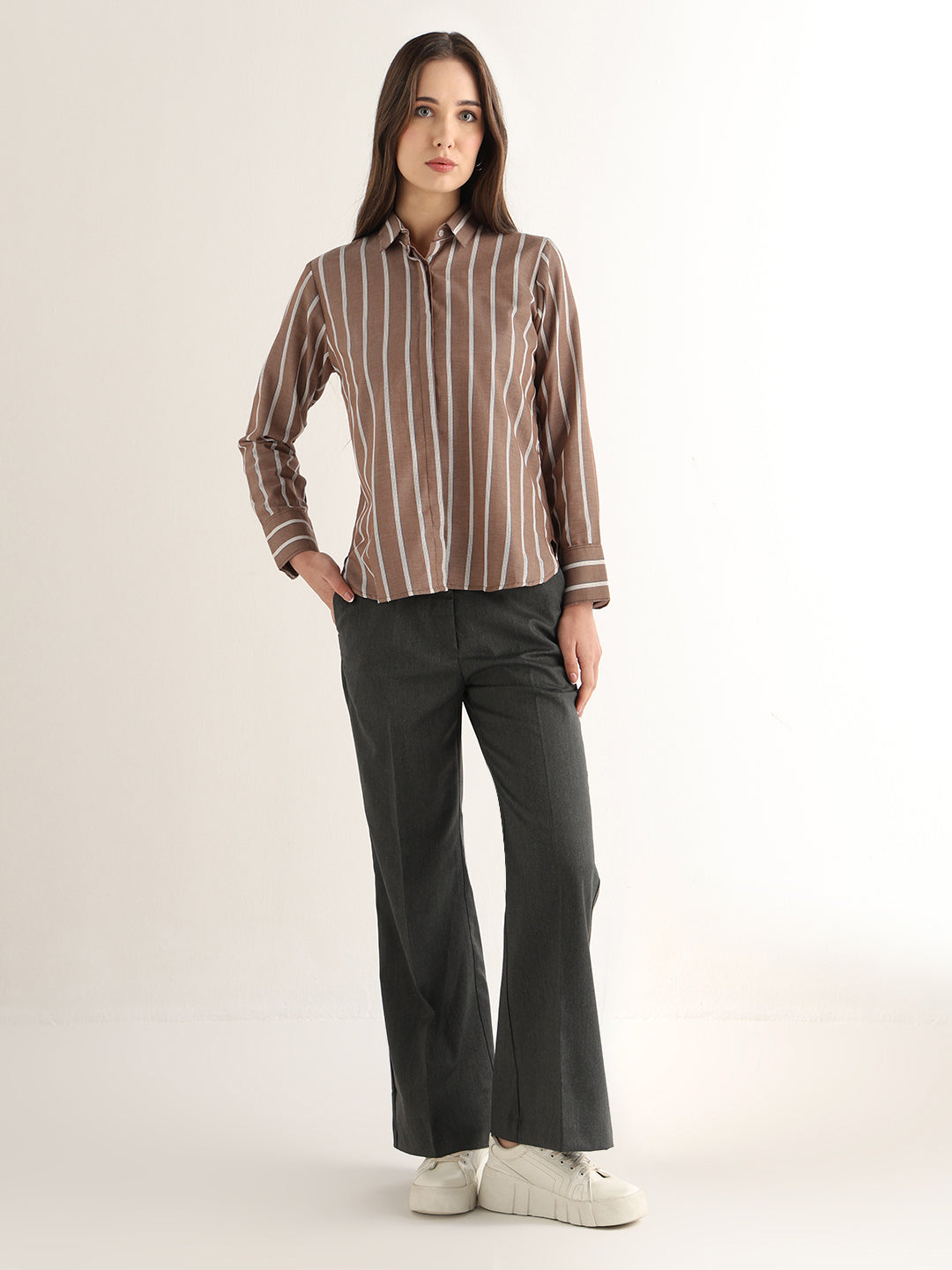 Hancock Women Brown Striped Pure Cotton Relaxed Fit Formal Shirt