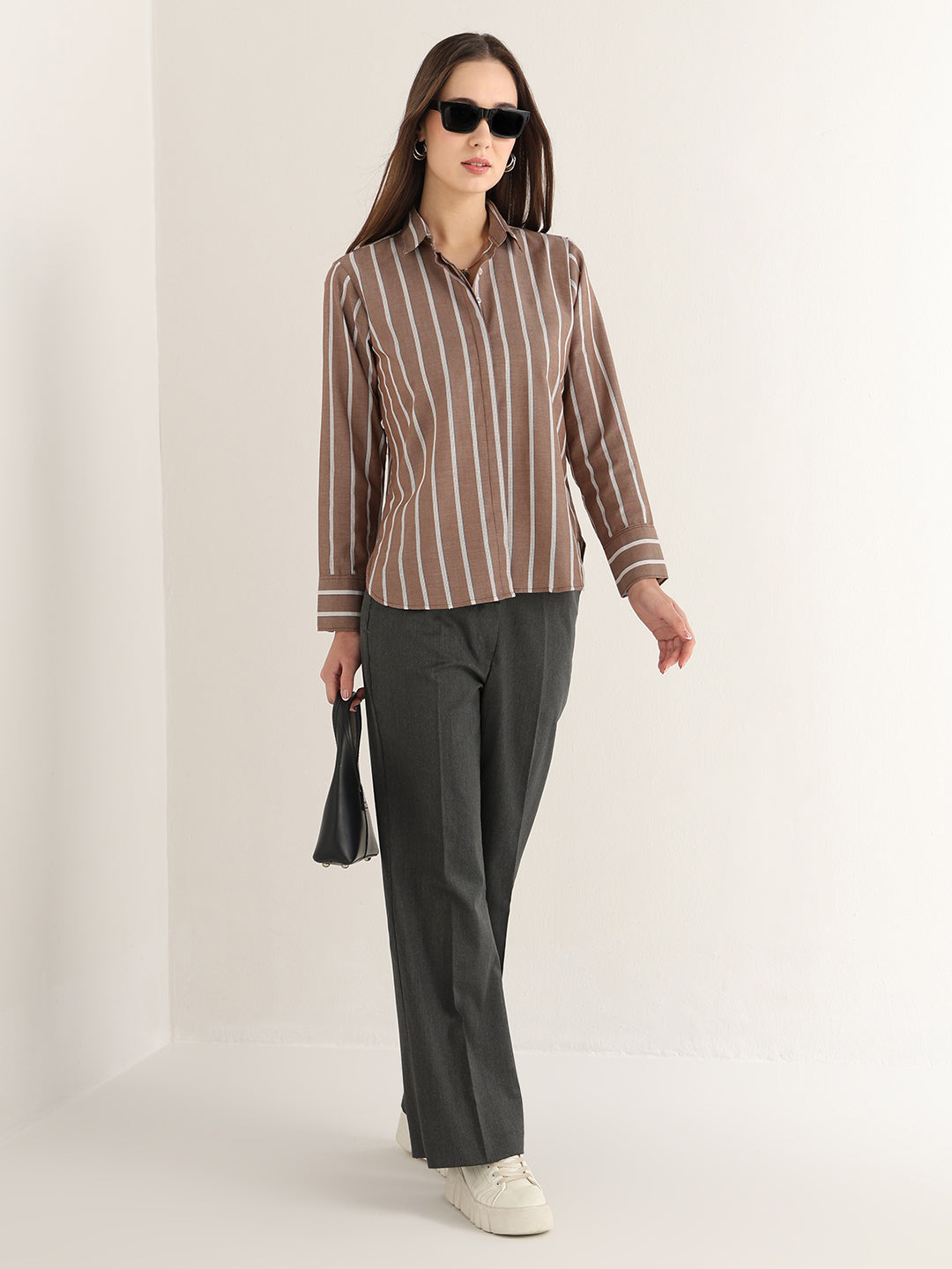 Hancock Women Brown Striped Pure Cotton Relaxed Fit Formal Shirt