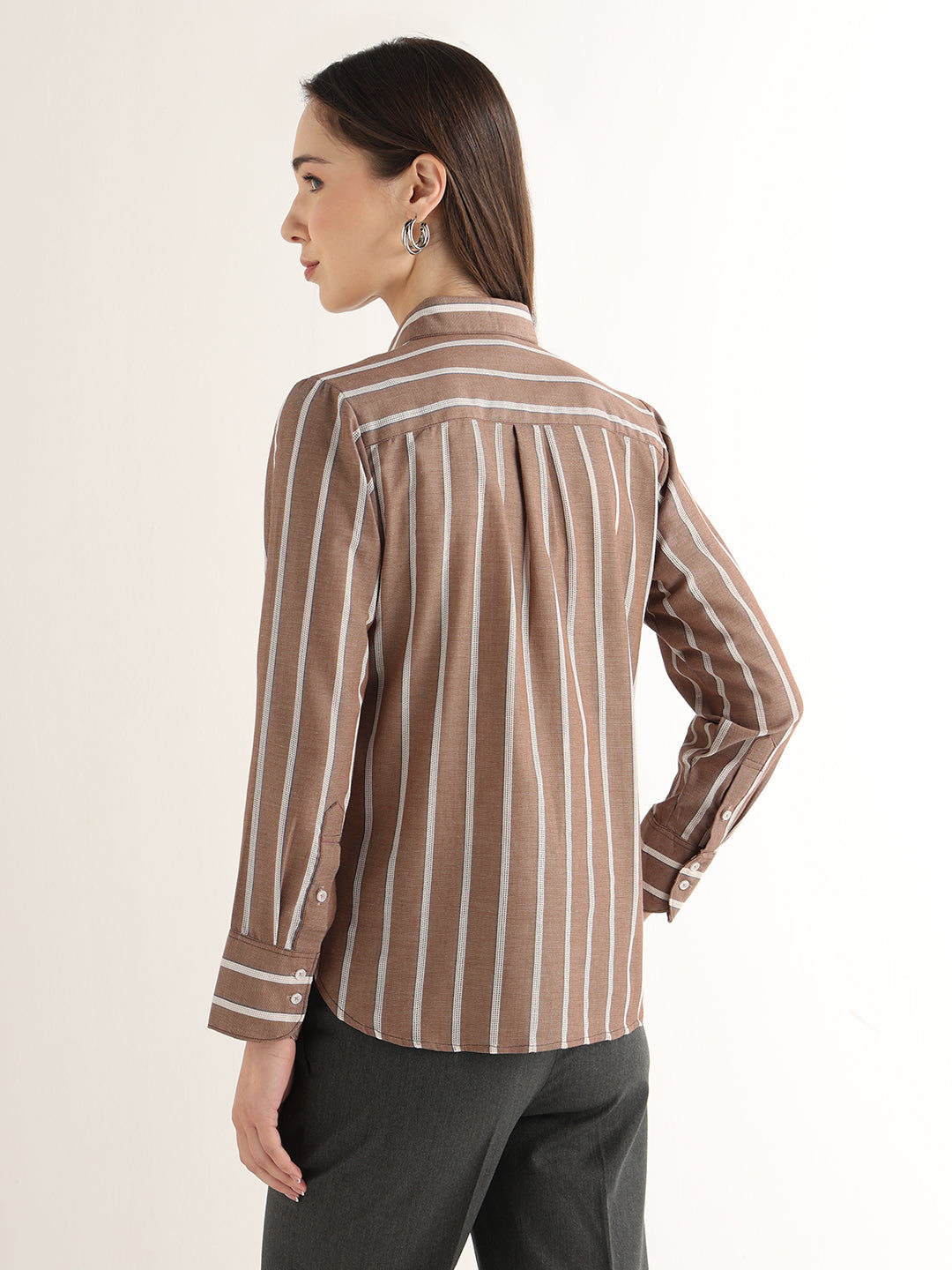 Hancock Women Brown Striped Pure Cotton Relaxed Fit Formal Shirt