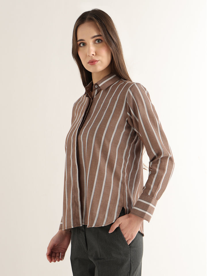 Hancock Women Brown Striped Pure Cotton Relaxed Fit Formal Shirt