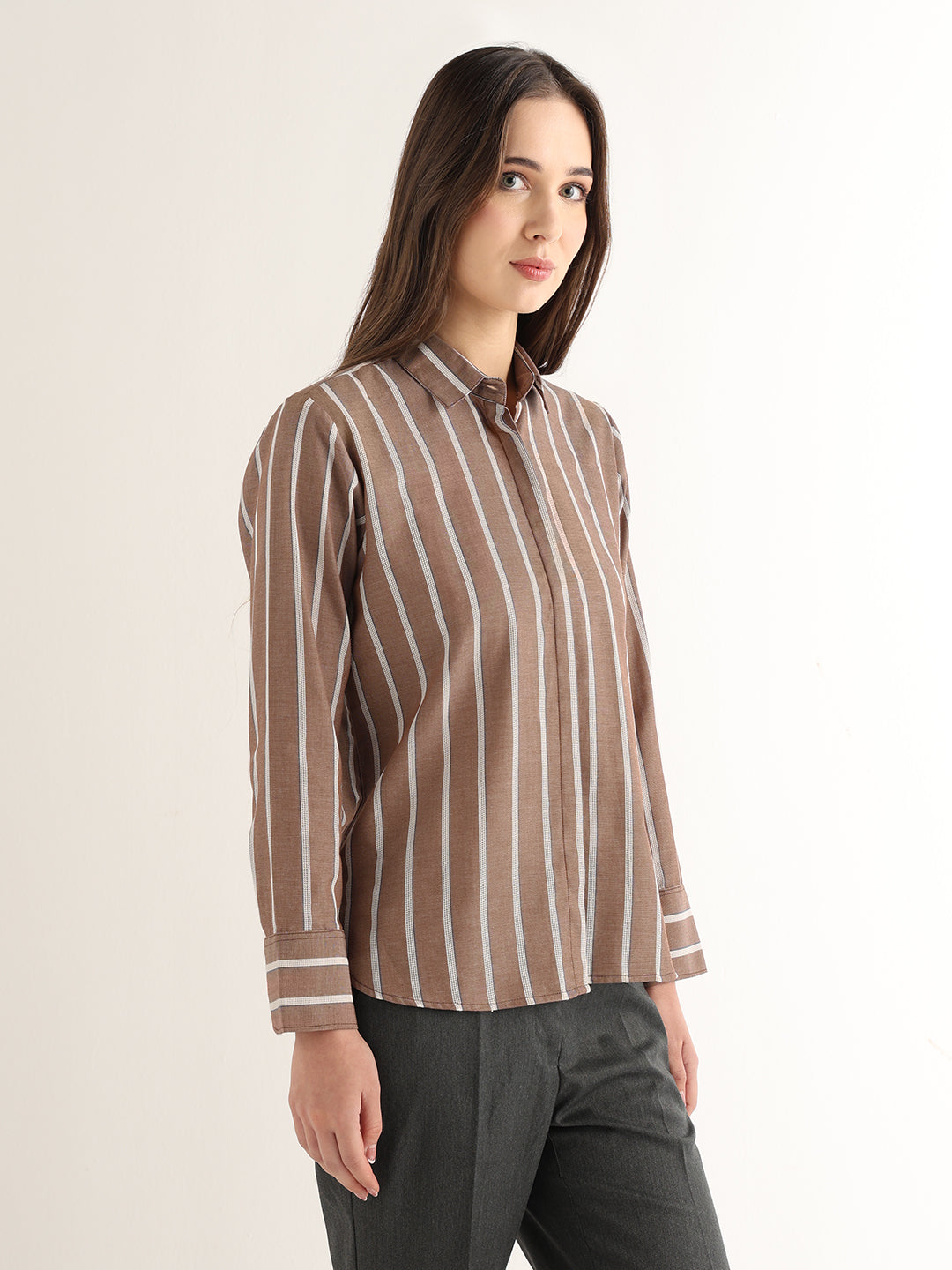 Hancock Women Brown Striped Pure Cotton Relaxed Fit Formal Shirt
