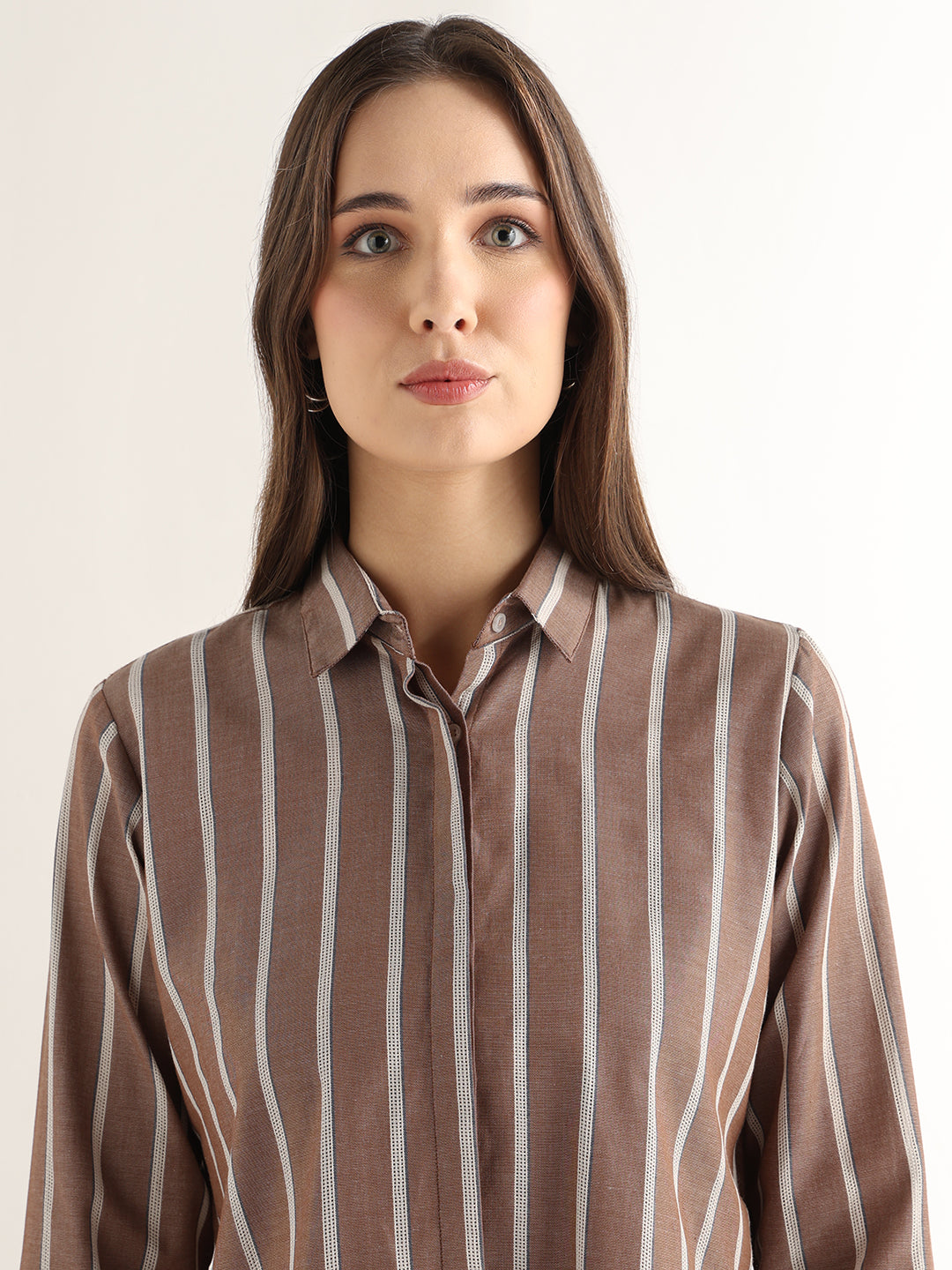 Hancock Women Brown Striped Pure Cotton Relaxed Fit Formal Shirt
