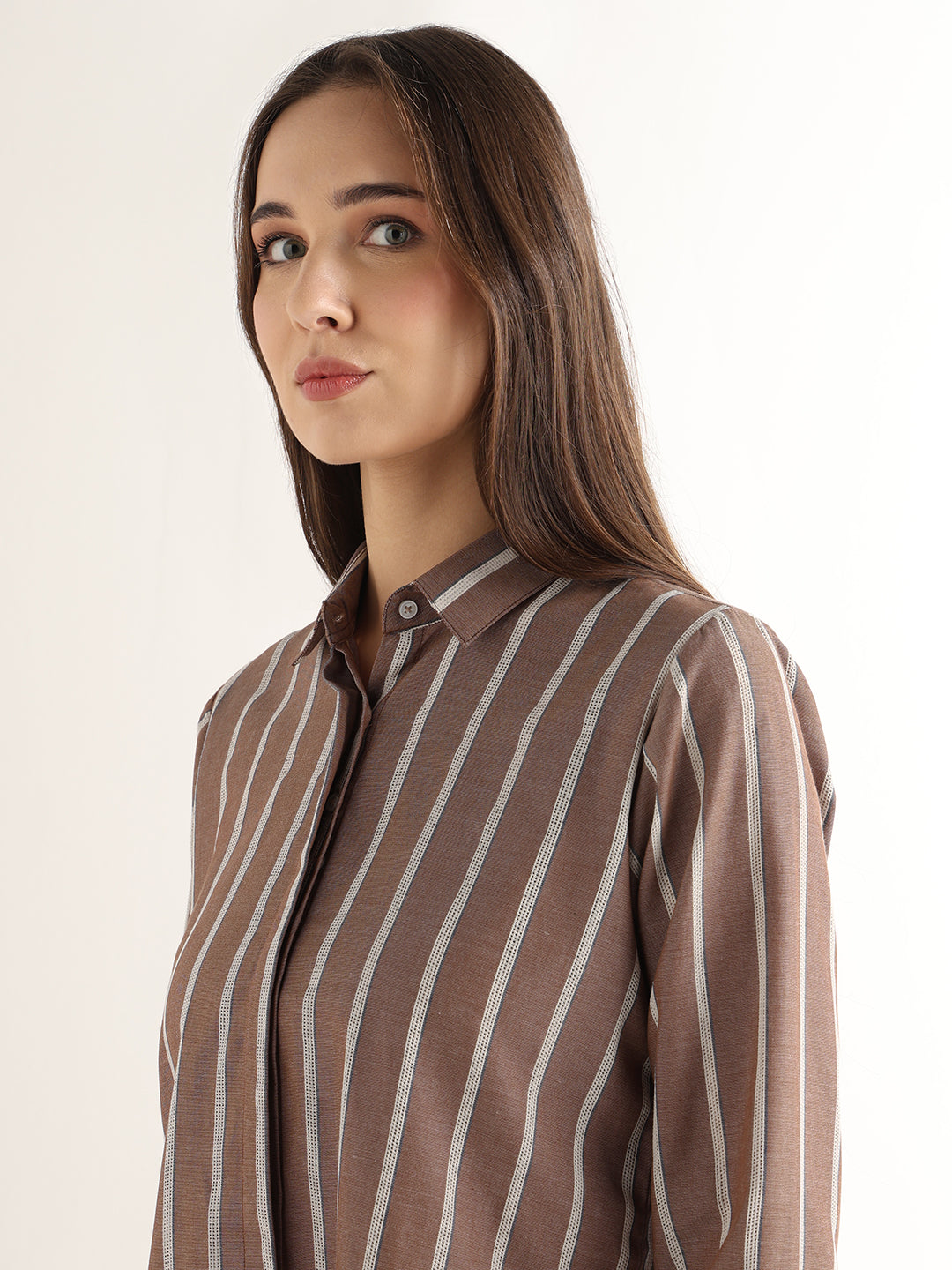 Hancock Women Brown Striped Pure Cotton Relaxed Fit Formal Shirt