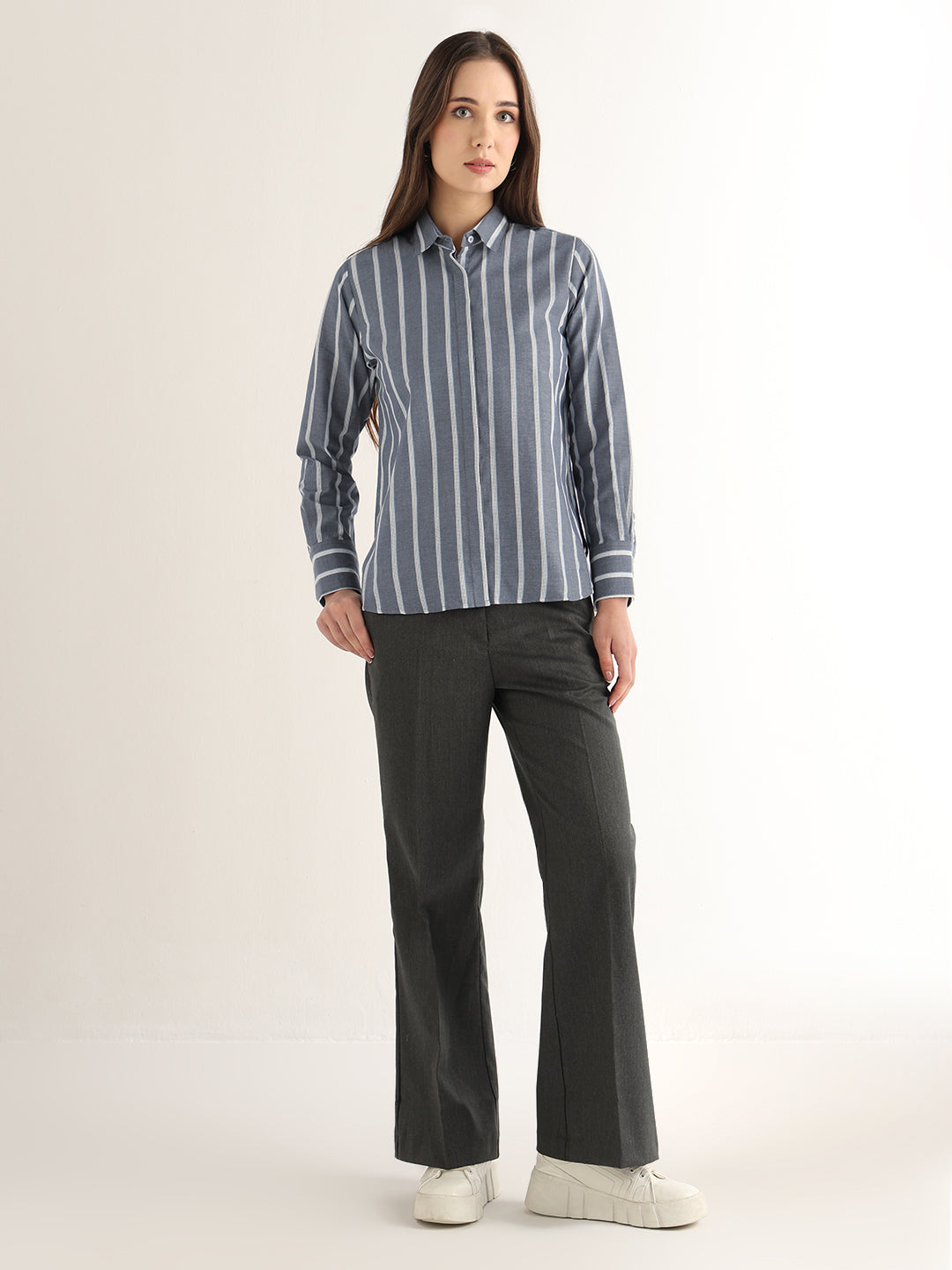 Hancock Women Navy Blue Striped Pure Cotton Relaxed Fit Formal Shirt