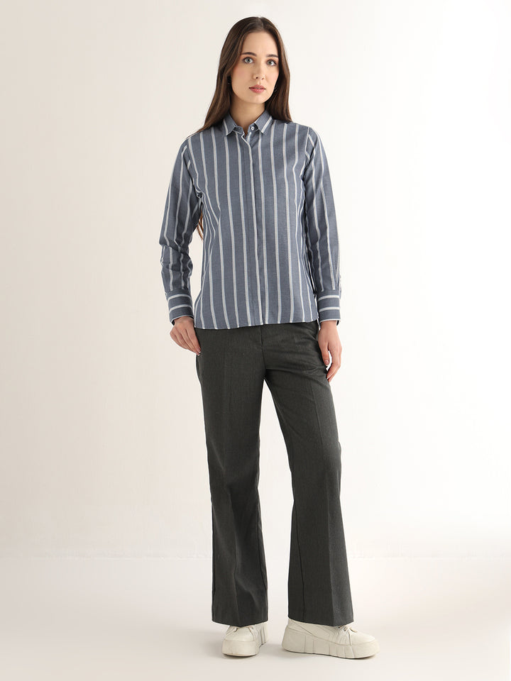 Hancock Women Navy Blue Striped Pure Cotton Relaxed Fit Formal Shirt