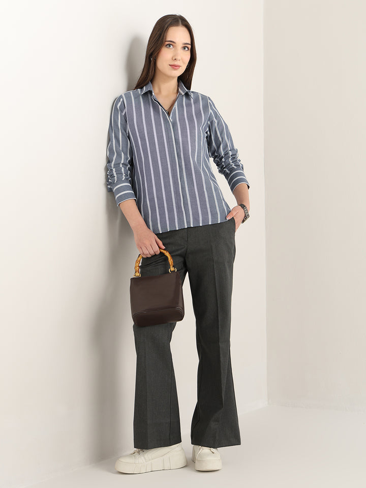 Hancock Women Navy Blue Striped Pure Cotton Relaxed Fit Formal Shirt