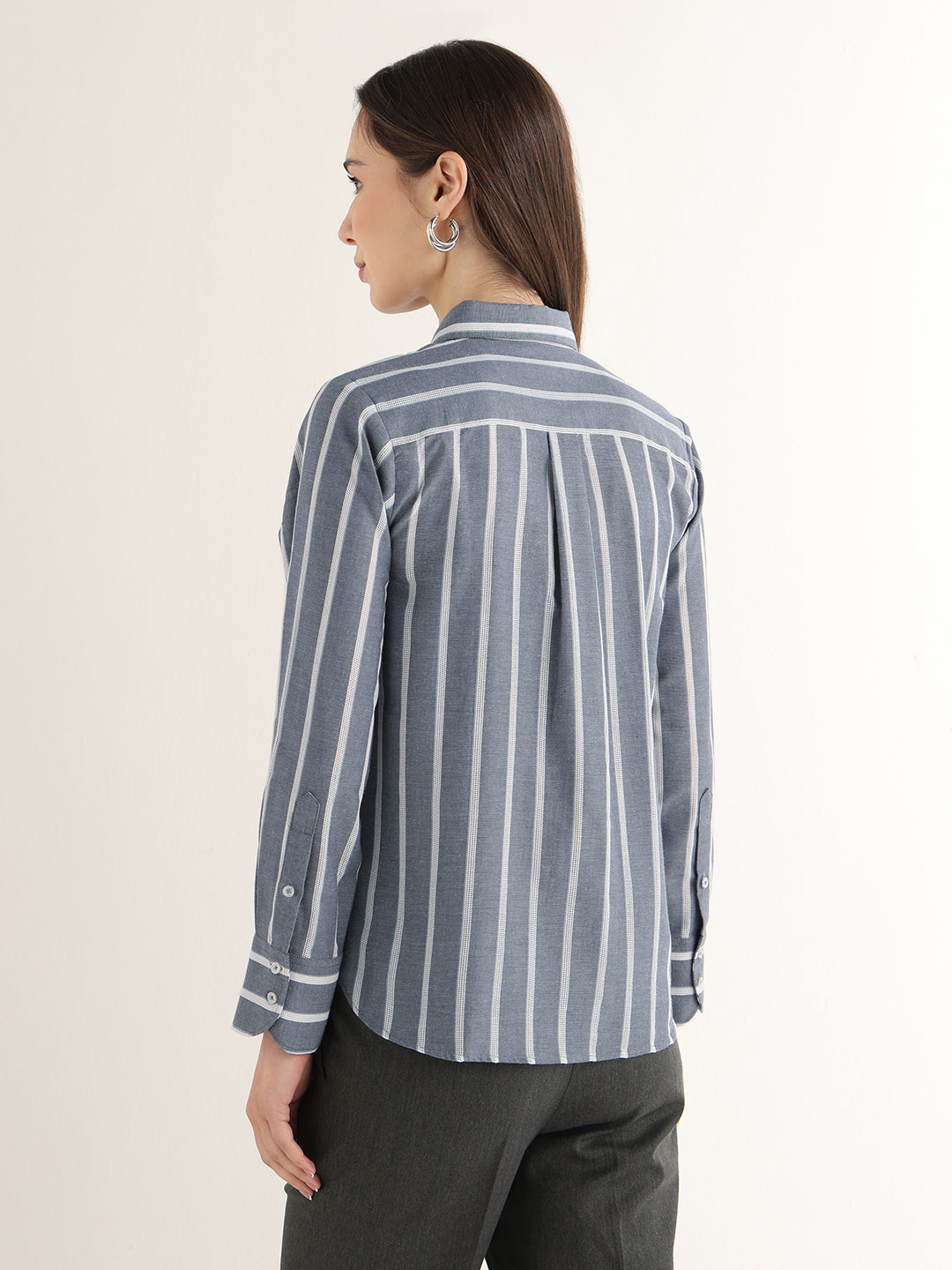 Hancock Women Navy Blue Striped Pure Cotton Relaxed Fit Formal Shirt