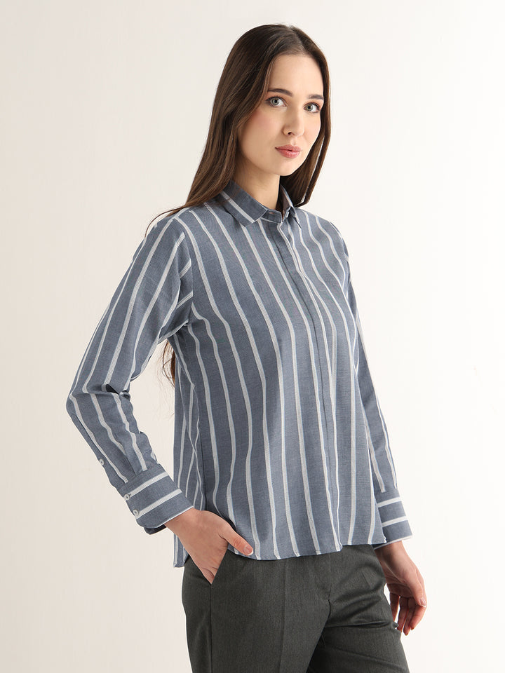 Hancock Women Navy Blue Striped Pure Cotton Relaxed Fit Formal Shirt