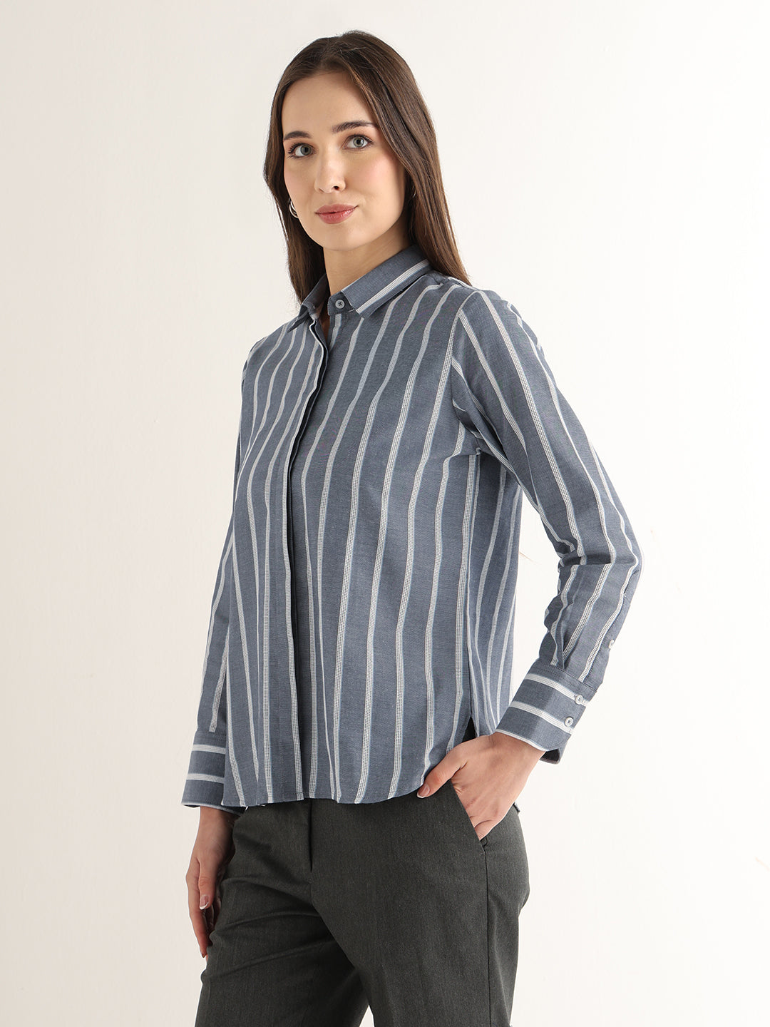 Hancock Women Navy Blue Striped Pure Cotton Relaxed Fit Formal Shirt
