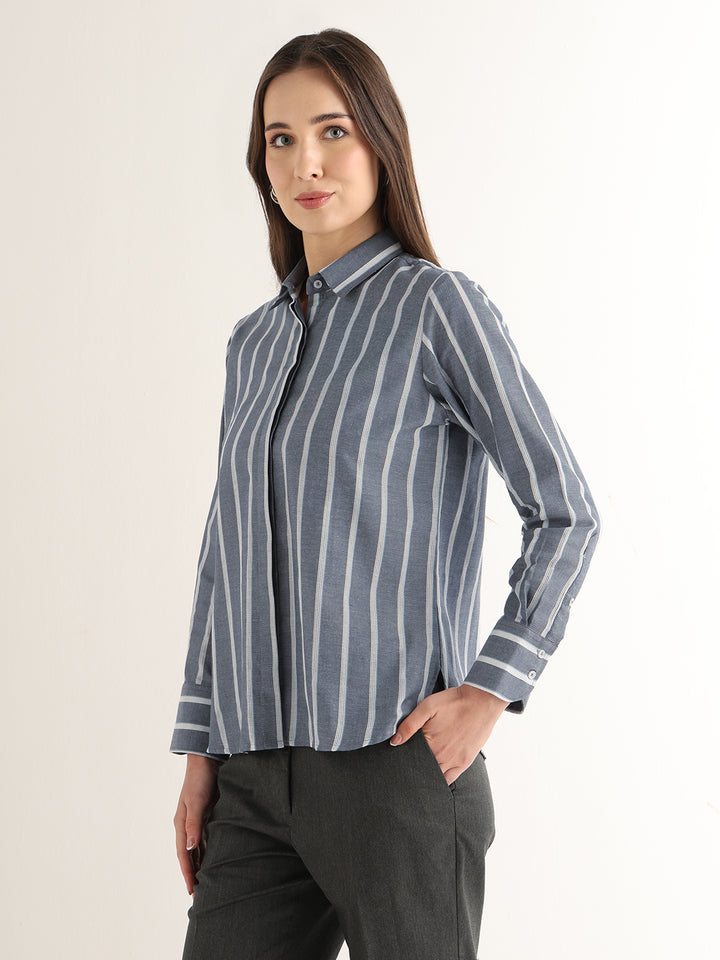 Hancock Women Navy Blue Striped Pure Cotton Relaxed Fit Formal Shirt