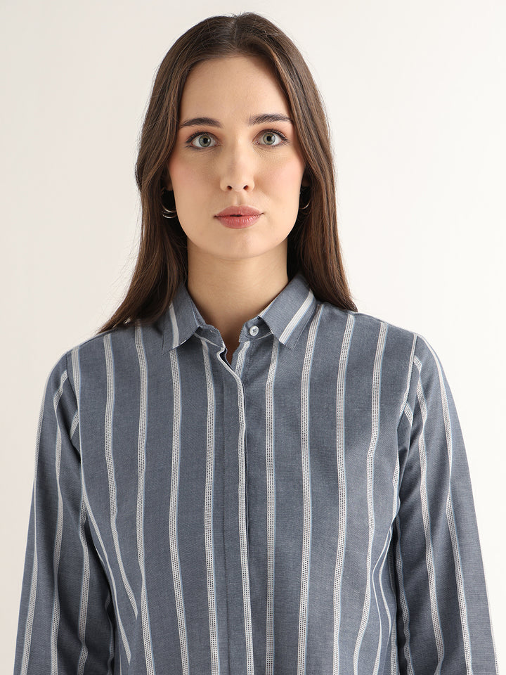 Hancock Women Navy Blue Striped Pure Cotton Relaxed Fit Formal Shirt