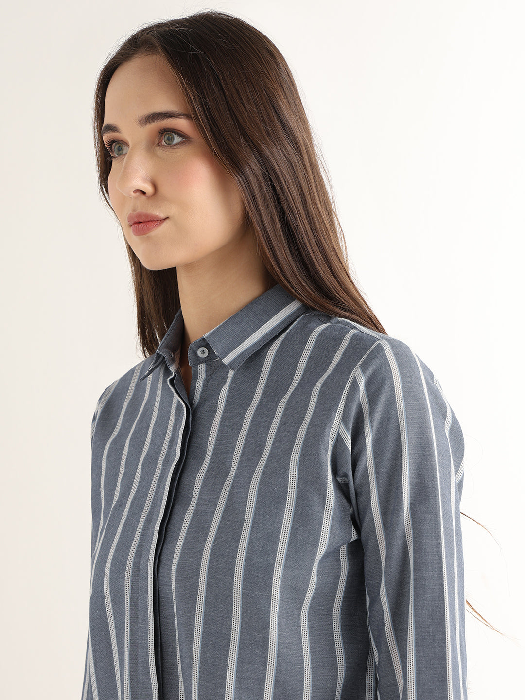 Hancock Women Navy Blue Striped Pure Cotton Relaxed Fit Formal Shirt