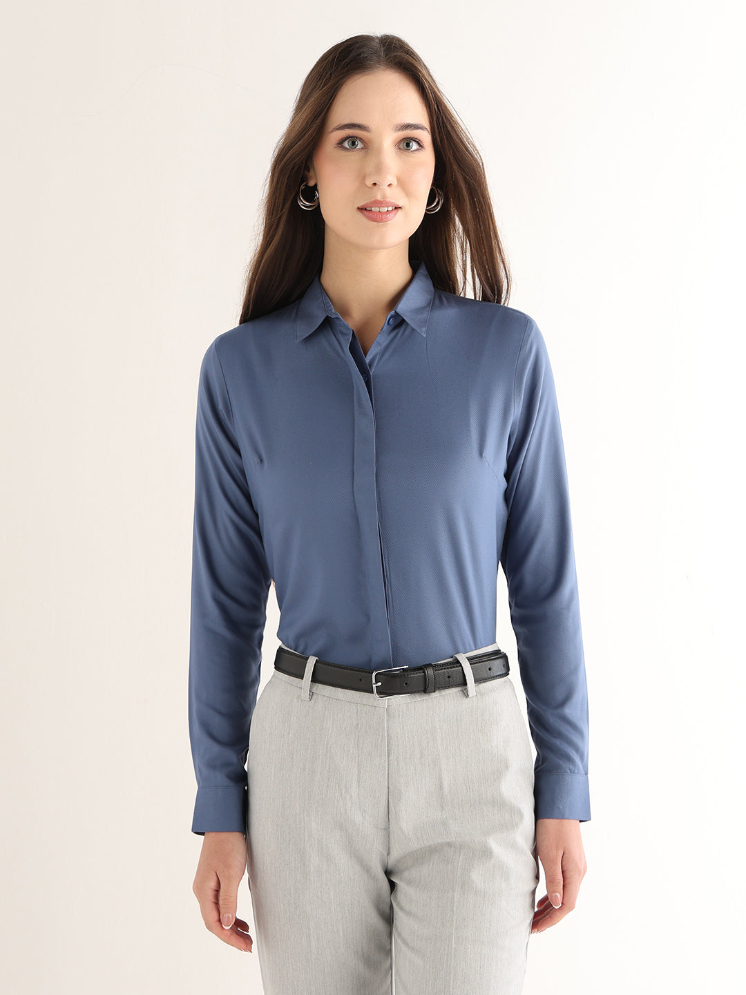 Hancock Women Bluish Grey Solid Viscose Rayon Regular Fit Formal Shirt