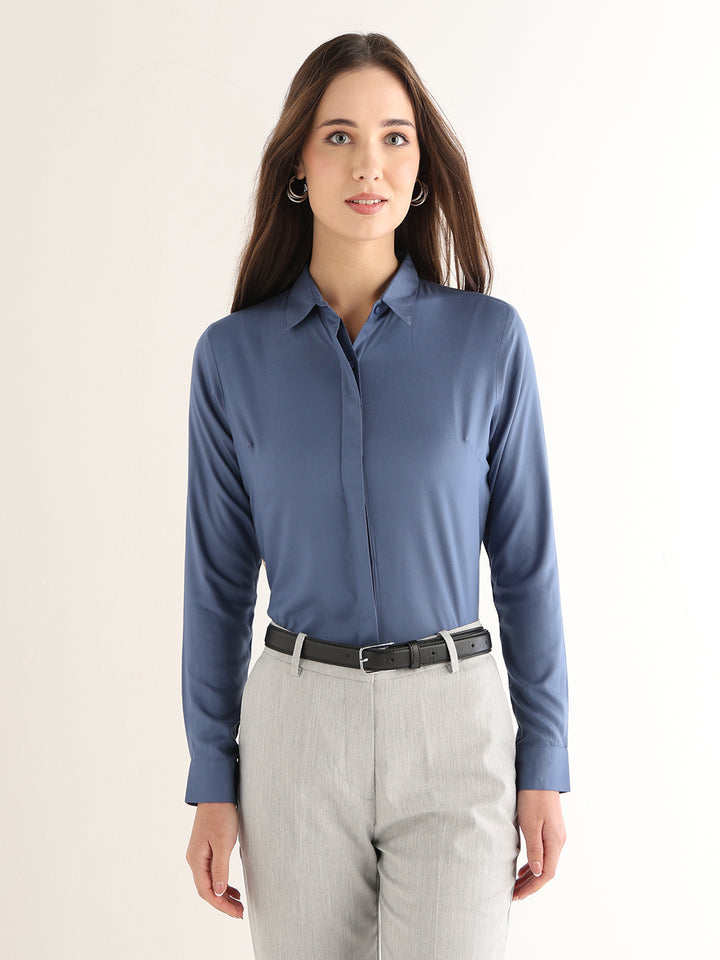 Hancock Women Bluish Grey Solid Viscose Rayon Regular Fit Formal Shirt